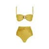 Women's Swimwear Solid Yellow High Waist Bikini Set Cover Up Swimsuit For Women Push Halter Three Pieces 2023 Beach Bathing Suits yq240330