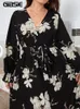 gibsie Plus Size Floral Print Surplice Neck Belted Maxi Dr Women Spring Fall Vacati Lg Sleeve Ruffle Hem A-Line Dres w1S2#