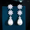 Dangle Earrings FXLRY Elegant Cubic Zirconia Cluster Flower Drop Long Pearl For Women Wedding Jewelry