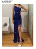 Runway Dresses Ball Gown One Shoulder Slveless Sexig split med pärlor Cocktail Prom Dresses Stretch Sequin Blue Long Evening Party Dress Women T240330