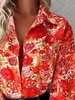 women's Casual Blouse, Plus Size Floral Print Butt Up Lantern Sleeve Turn Down Collar Blouse F7LW#