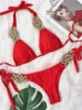 Женские купальники Сексуальный оранжевый тканый комплект бикини с нашивками женский белый с высоким вырезом пуш-ап Т-образный купальник винтажный пляжный купальник мини-купальник J240330