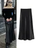 Aonibeier Summer Party Women Satynowa spódnica Traf Elastic High Aline Casual Office Kobieta Maxi Long Spirts Y2K Black 240326