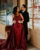 Burgundy sequins Evening Dresses elegant with overskirts beaded Prom Dress lace up back sweep train arabic Qatar Formal dresses for special occasion