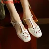 Casual Shoes Krazing Pot Cow Leather Square Toe Hollow Out Low Heels Buckle Straps Slingback Gladiator Blommor Decoration Sweet Sandals