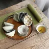 Tazas, platillos, taza de té, hierba maestra, sombrero de bambú gris, fabricación Retro china, cerámica bajo vidriado, té de colores, barra de cocina