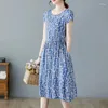 Casual Kleider Floral Plissee A Linie Langes Kleid Frauen Sommer Kurzarm Hohe Taille Chic Knielangen Rock Büro LadyVintage