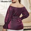 Plus la taille des femmes de l'épaule Peplum Ruffle Chiff Blouse 4XL femmes élégantes Lg Flare manches ceinturées tuniques métalliques chemises L8n5 #