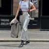 Pantaloni da donna dritti estivi argento Abbigliamento in PU Pantaloni tascabili casual solidi Moda streetwear a vita alta alla caviglia 240319