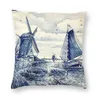 Kudde holländska blå Delft vintage segelbåt väderkvarnar tryck fyrkantiga fall polyester s för soffa kreativ kudde