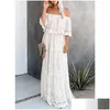 Podstawowe sukienki swobodne Happie Queens Women White Lace Off Shoder Bohemian Maxi Batwing Rękaw Y