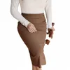 sexy Hottie Back Slit Slim Skirt Plus Size Women Clothing Good Quality Autumn OL Mocha Color Fold High Waist Calf Length Bottoms x93W#