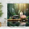 Rideaux de douche Zen Rideau Lotus Vert Bambou Bougies Rivière Pierre Nature Paysage Violet Orchid Feuilles Polyester Tissu Salle De Bain Décor Ensemble