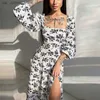 Basic Casual Jurken Lente Zomer Vierkante Split Jurken Kraag Hoge Taille Gedrukt Lantaarn Slve Split Jurk voor Dames Elegante Bloemen Zweetjurk T240330