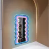 1pc Long Wall Decor Sign, Wave Pattern Border Decorative Mirror with Adjustable Neon Light, Exquisite Gifts for Women Girls, Shop Office Studio Decoration,