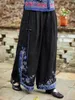 Women's Pants Black Jacquard Chinese Style Embroidered Elastic Waist Skirt Vintage Loose Wide Leg Linen Trousers