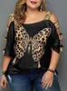 Plus Size Tops Vrouw 2023 Zomer Vrouwelijke Lovertjes Gat Mouw Vlinder Print Chic Elegant T-shirt Losse Big Size Blouse i433 #