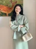 Arbeitskleider Chinesischen Stil Mode Wollrock Set Bambus Druck Stehkragen Jacke Top Einfarbig Midi 2-teiliger Anzug für Frauen