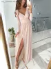 Grundläggande avslappnade klänningar Autumn Dress Women 2023 Sexig DP V Neck Long Slit Maxi Dresses Fashion Elegant Solid High Midist Party Dress T240330