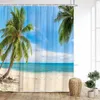 Duschgardiner vid havet Havet Beach Palm Tree Waves Seascape Nature Landscape Blue Sky Sunshine Print Badrumdekor med krokar