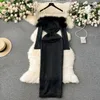 Casual Dresses Foamlina Elegant White Beading Evening Party Dress For Women Sexy Faux Fur Spliced Off Shoulder Long Sleeve Black Bodycon