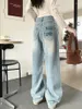 Jeans pour femmes Automne Numéro Broderie Chaud Épaissir Lavé Bleu Y2K Baggy Pantalon Pour Femmes Droite Coréenne Casual Pantalon Élégant Dame