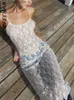 Basic Casual Dresses BOOFNAA S Through Floral Mesh Lace Dresses Y2k Sexy Black Tie Up Hollow Out Backless Maxi Long Dresses Women 2023 C16-BI15 T240330