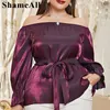 Plus la taille des femmes de l'épaule Peplum Ruffle Chiff Blouse 4XL femmes élégantes Lg Flare manches ceinturées tuniques métalliques chemises L8n5 #