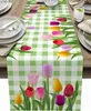 Table Runner Spring Tulip Flower Floral Black White Plaid Linen Dresser Scarf Decor Holiday Dinner Wedding Party yq240330