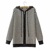 striped Knit Zipper Cardigan Coat Plus Size Women Clothing Autumn Winter Color Ctrast Hooded Sweater E2 3066 M7RN#