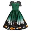 Halloween Womens Clothing C Hepburn Style Vintage Lace Round Neck Short Sleeve Printed Large Swing Dress