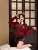 2024 Koreaanse uniform stijl pak rood gebreid vest vest lg mouw vrouwen herfst geruite rok driedelige jk set w109 Y2i5 #
