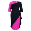Am030723 Round Necked Ruffled Edge Color Blocking Slim Fit Black Slimming Party Dress 150091