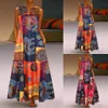 Tongxin Womens V Neck Sleeveless Pocket Summer Vintage Printed Color Block Stitching Dress