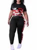 lw Plus Size Camo Stampa Pantaloni a vita alta Set Girocollo T-shirt a maniche corte Colore Ctrast Pantaloni Donna Sport Streetwear s8HH #