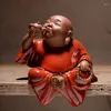 Tea Pets Chinese Red Zen Ceramic Handicrafts Zhaolai Maitreya Smiling Buddha Living Room Antique Rack Decoration