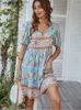 Robes décontractées de base Floral Puff Slve Robe d'été Femmes Casual Lâche À Volants Boho Vacances Plage Robe D'été Grn Vintage Élégant À Lacets Mini Robes T240330