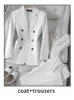 Pantalon de deux pièces pour femmes Costumes blancs Femmes 2024 Mode Bureau Dames à manches longues à double boutonnage Tops Chic Slim Taille haute Ensembles Printemps