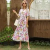 Casual Dresses Ladies Floral Print Light Mature Style Long Dress Drawstring Ruffle Short Sleeve Elegant Summer Pleated Women