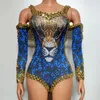 Stage Wear Off-Shoulder Blue Leopard Bodysuit Sequins Rhinestones Singer Performance Stretch Jumpsuit Gogo Dancer Clothing