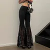 Spodnie damskie gotycka czarna koronkowa siatka rozszerzona y2k seksowna estetyka harajuku widzi się przez długie spodnie vintage kobiety letnia streetwear