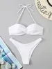 Women's Swimwear Bikini Sexy Women Swimsuit 2024 Solid Halter Bikinis Set Thong Ruched Lave Up Bathing Suit Summer Beach Female Wear