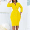 Casual Kleider Lemon Gina Frauen Langarm Kerb Kragen mit Gürtel Zweireiher Blazer Bodycon Midi Kleid 2024 OL Workout Vestidos