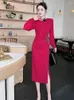 Party Dresses Zjyt Elegant Luxury Beading Red Wedding Dress Women 2024 Spring Long Sleeve Midi Special Endan Vestidos Black 3xl