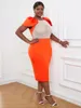 Sukienki w dużych rozmiarach seksowna impreza dla kobiet luksusowy z koralikami Cloak Rękaw Orange Midi Bodycon sukienka femme nocny klub