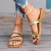 Dress Shoes Diamond-encrusted Gold PU Strap Mid-heel Casual Fashionable Women's Sandals 2024 For Women Sandalias De Mujer