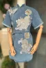 Sukienki imprezowe Kobiety wiosna lato dżinsowy mini luksus haft kirin feminina swobodne luźne luźne qipao vintage bluzka bluzka