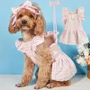 犬用アパレル素敵な汗吸収猫のシャツペットドレス夏の服ボウヘッドドレス快適な子犬衣装