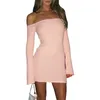 Casual Dresses Women Off-Shoulder Dress Solid Color Satin Mini Bow Front Long Sleeve Boat Neck Backless Slim Streetwear