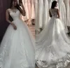 New Cheap Modern Arabic Puffy Wedding Dresses Jewel Neck Lace Appliques Sequined Sleeveless Button Back Plus Size A Line Formal Br6535615